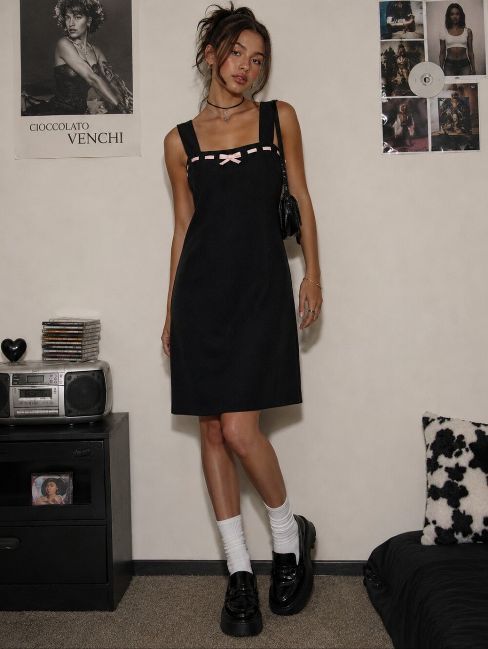 Vintage 90s Linea Domani Shift Dress Size 8 Black Pink Bow Detail Y2K EUC